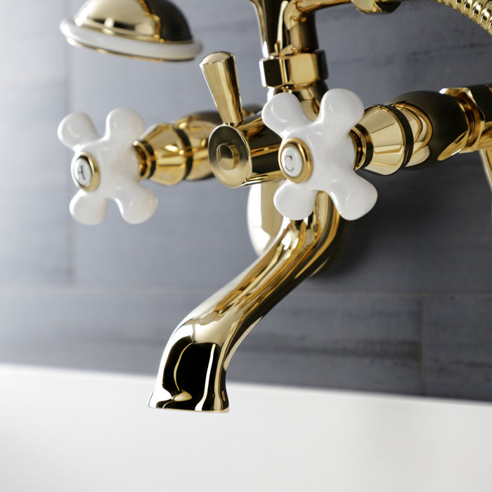 Kingston KS226PXPB Three-Handle 2-Hole Wall Mount Clawfoot Tub Faucet with Hand Shower, Polished Brass
