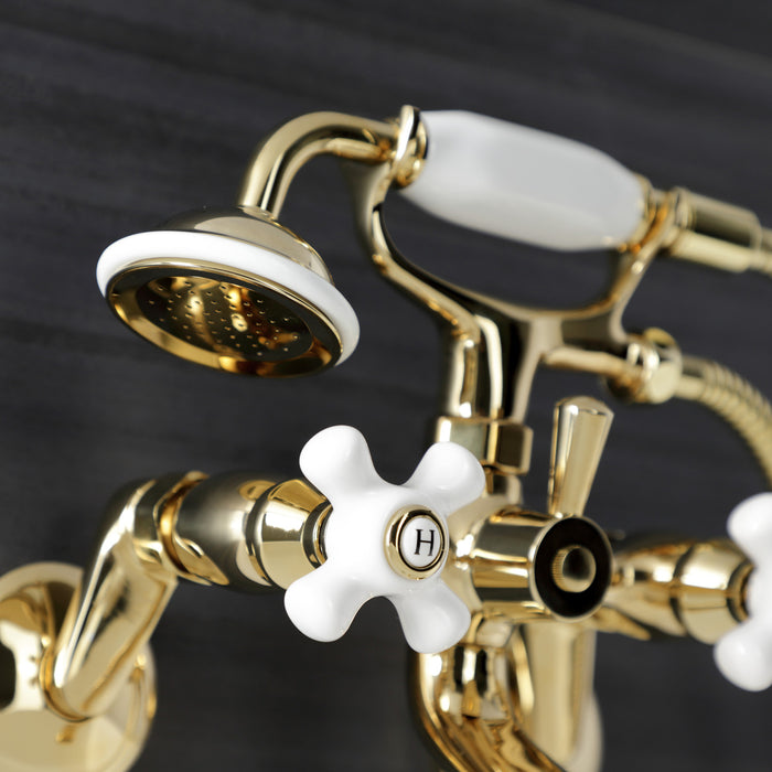 Kingston KS226PXPB Three-Handle 2-Hole Wall Mount Clawfoot Tub Faucet with Hand Shower, Polished Brass