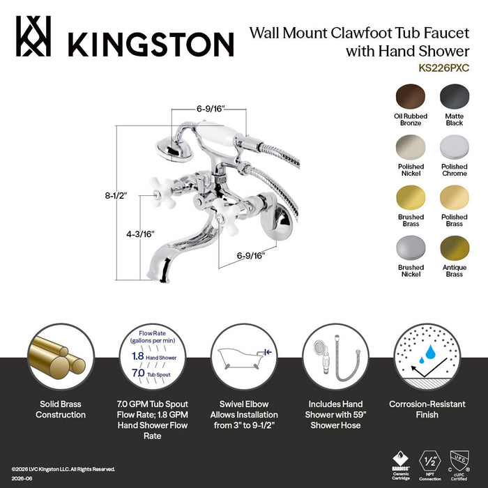 Kingston Heirloom KS226PXPN - Kingston Three-Handle 2-Hole Wall Mount Clawfoot Tub Faucet with Hand Shower, Polished Nickel