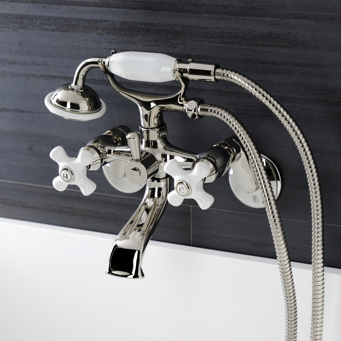 Kingston Heirloom KS226PXPN - Kingston Three-Handle 2-Hole Wall Mount Clawfoot Tub Faucet with Hand Shower, Polished Nickel