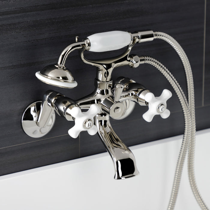 Kingston Heirloom KS226PXPN - Kingston Three-Handle 2-Hole Wall Mount Clawfoot Tub Faucet with Hand Shower, Polished Nickel