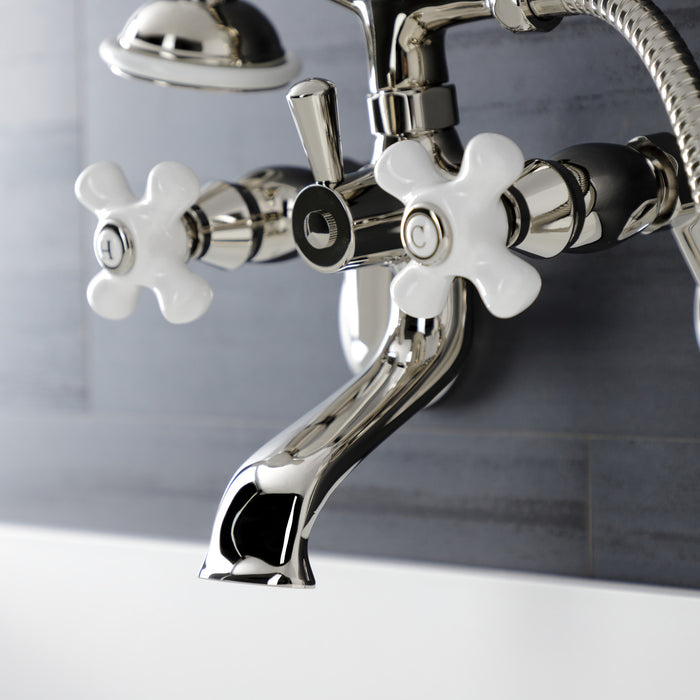 Kingston Heirloom KS226PXPN - Kingston Three-Handle 2-Hole Wall Mount Clawfoot Tub Faucet with Hand Shower, Polished Nickel