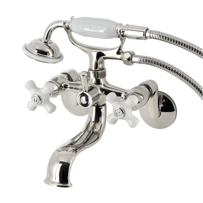 Kingston Heirloom KS226PXPN - Kingston Three-Handle 2-Hole Wall Mount Clawfoot Tub Faucet with Hand Shower, Polished Nickel