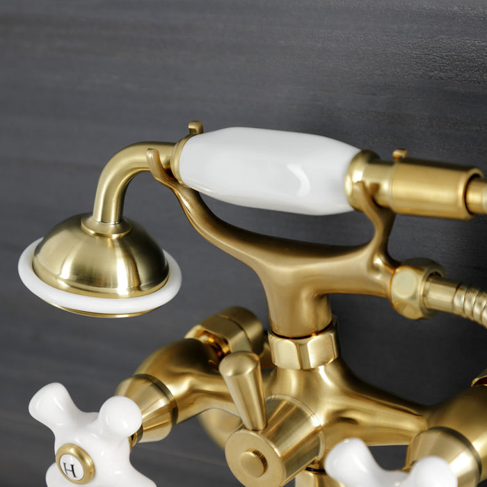 Kingston Heirloom KS226PXSB - Kingston Three-Handle 2-Hole Wall Mount Clawfoot Tub Faucet with Hand Shower, Brushed Brass