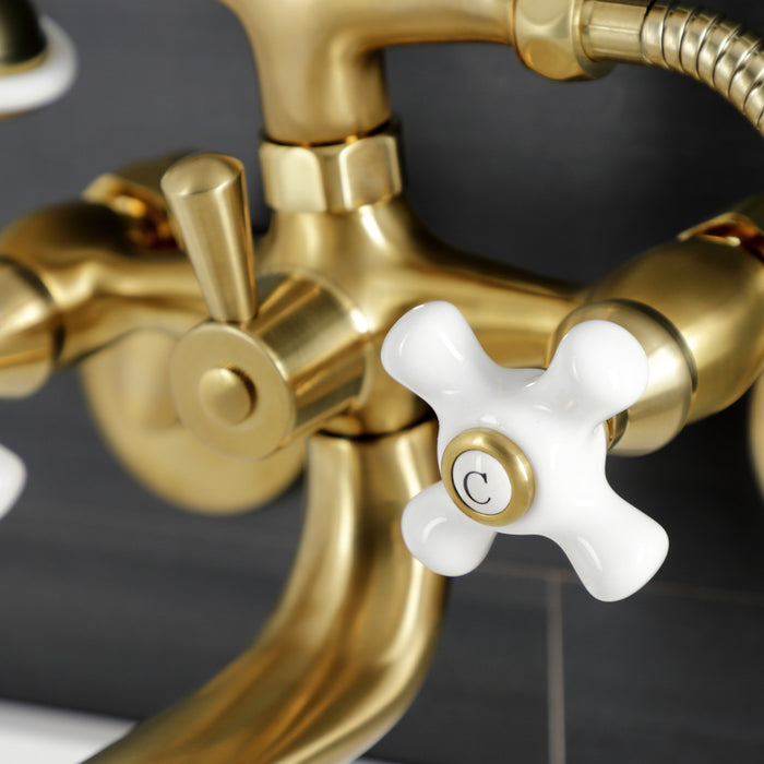 Kingston Heirloom KS226PXSB - Kingston Three-Handle 2-Hole Wall Mount Clawfoot Tub Faucet with Hand Shower, Brushed Brass