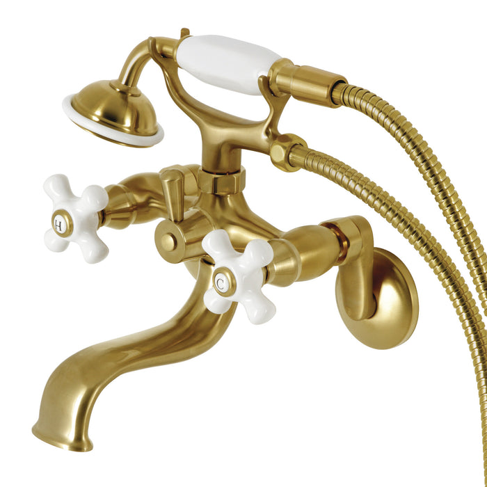 Kingston Heirloom KS226PXSB - Kingston Three-Handle 2-Hole Wall Mount Clawfoot Tub Faucet with Hand Shower, Brushed Brass