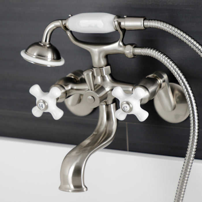 Kingston Heirloom KS226PXSN - Kingston Three-Handle 2-Hole Wall Mount Clawfoot Tub Faucet with Hand Shower, Brushed Nickel
