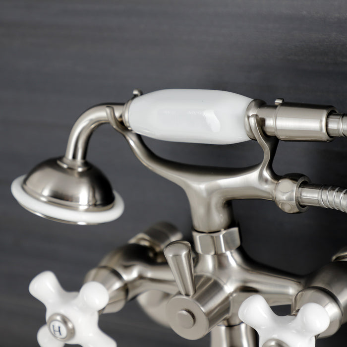 Kingston Heirloom KS226PXSN - Kingston Three-Handle 2-Hole Wall Mount Clawfoot Tub Faucet with Hand Shower, Brushed Nickel