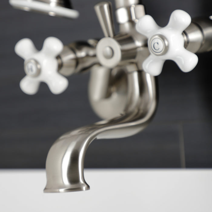 Kingston Heirloom KS226PXSN - Kingston Three-Handle 2-Hole Wall Mount Clawfoot Tub Faucet with Hand Shower, Brushed Nickel