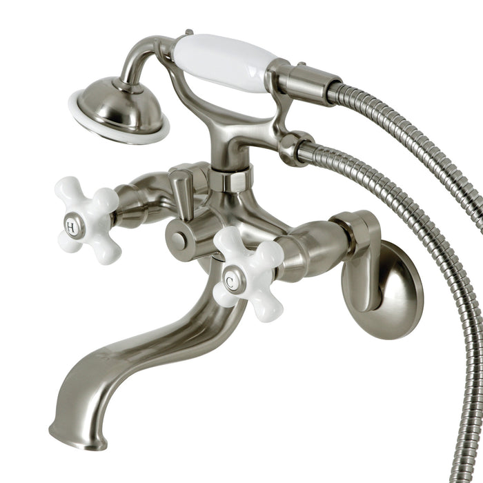 Kingston Heirloom KS226PXSN - Kingston Three-Handle 2-Hole Wall Mount Clawfoot Tub Faucet with Hand Shower, Brushed Nickel