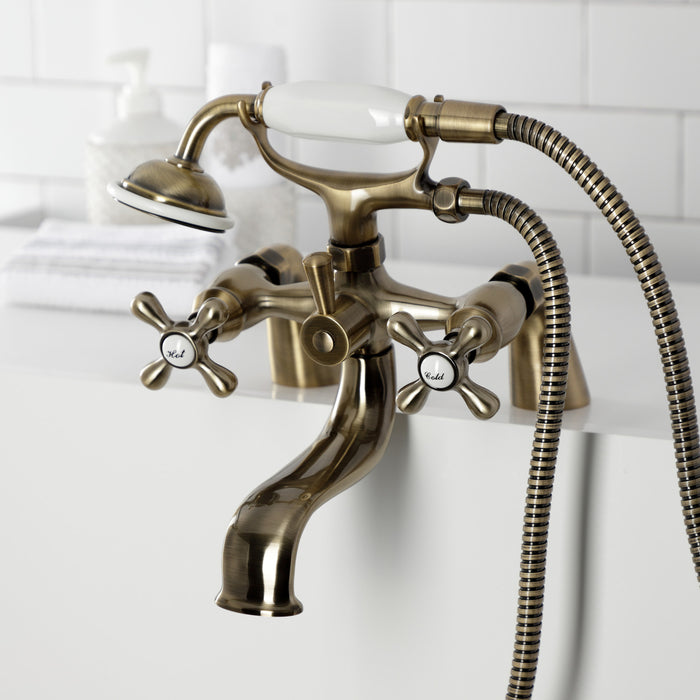 Kingston Heirloom KS227AB - Kingston Three-Handle 2-Hole Deck-Mount Clawfoot Tub Faucet with Hand Shower, Antique Brass