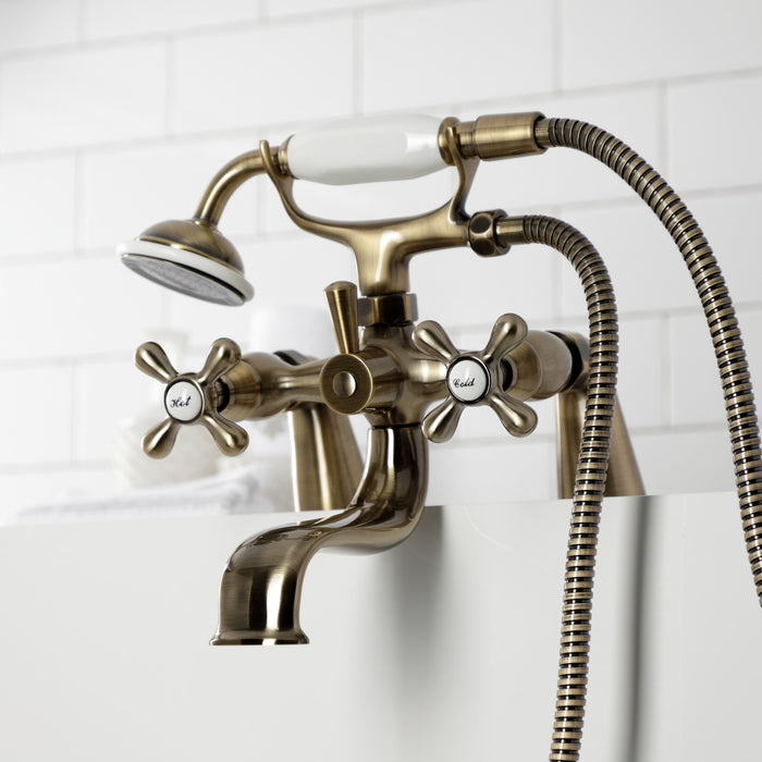 Kingston Heirloom KS227AB - Kingston Three-Handle 2-Hole Deck-Mount Clawfoot Tub Faucet with Hand Shower, Antique Brass
