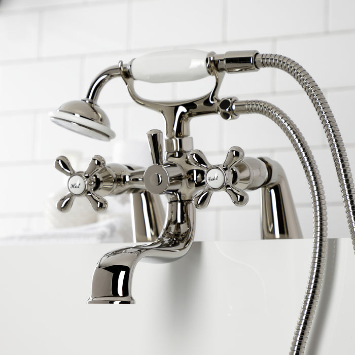 Kingston Heirloom KS227PN - Kingston Three-Handle 2-Hole Deck-Mount Clawfoot Tub Faucet with Hand Shower, Polished Nickel