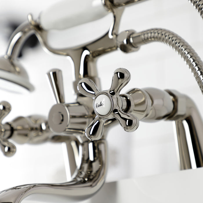 Kingston Heirloom KS227PN - Kingston Three-Handle 2-Hole Deck-Mount Clawfoot Tub Faucet with Hand Shower, Polished Nickel