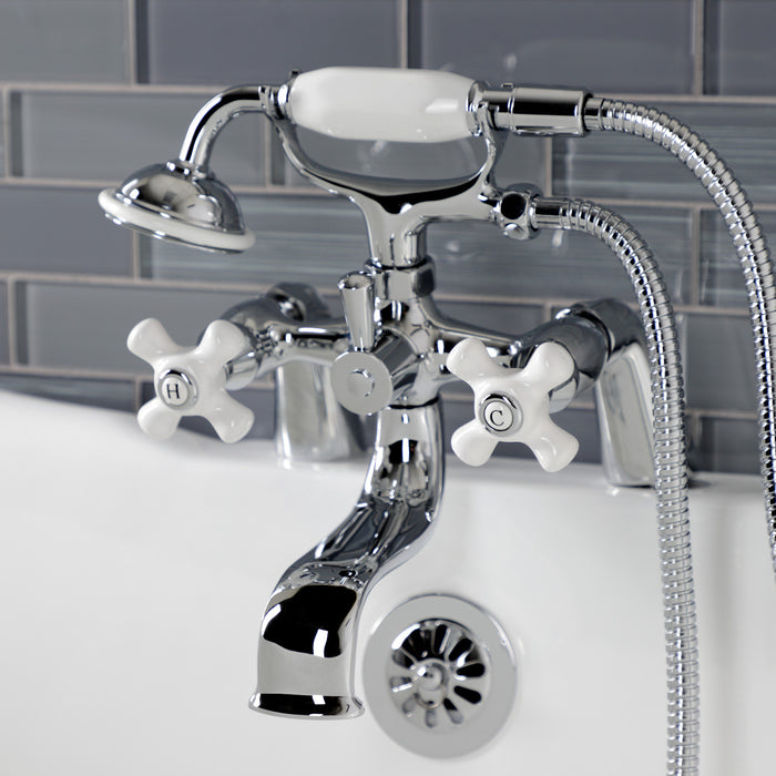 Kingston Heirloom KS227PXC - Kingston Three-Handle 2-Hole Deck-Mount Clawfoot Tub Faucet with Hand Shower, Polished Chrome