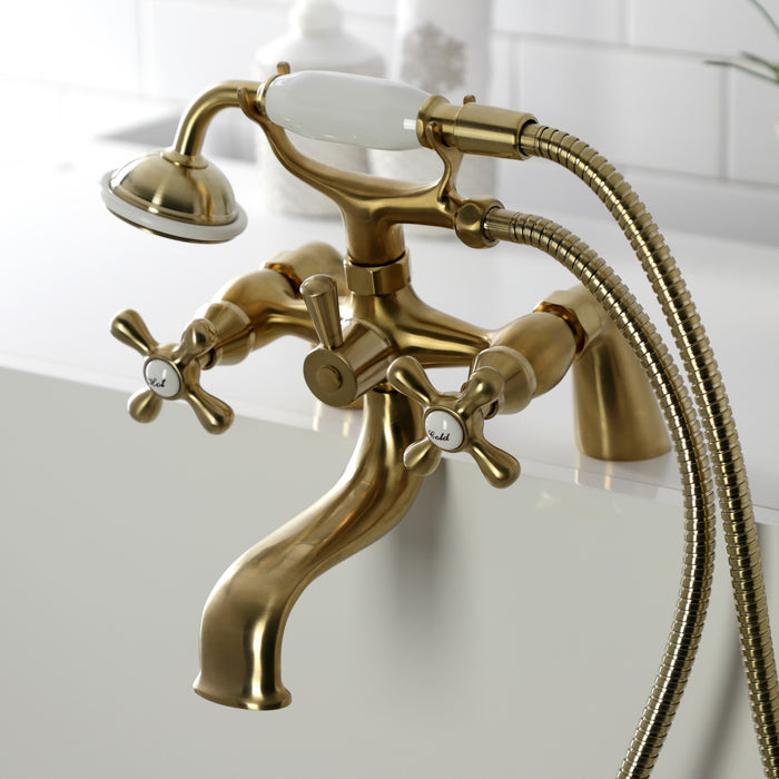 Kingston Heirloom KS227SB - Kingston Three-Handle 2-Hole Deck-Mount Clawfoot Tub Faucet with Hand Shower, Brushed Brass