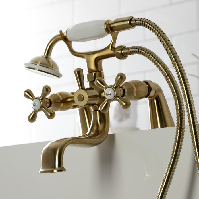 Kingston Heirloom KS227SB - Kingston Three-Handle 2-Hole Deck-Mount Clawfoot Tub Faucet with Hand Shower, Brushed Brass