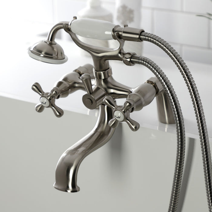 Kingston Heirloom KS227SN - Kingston Three-Handle 2-Hole Deck-Mount Clawfoot Tub Faucet with Hand Shower, Brushed Nickel