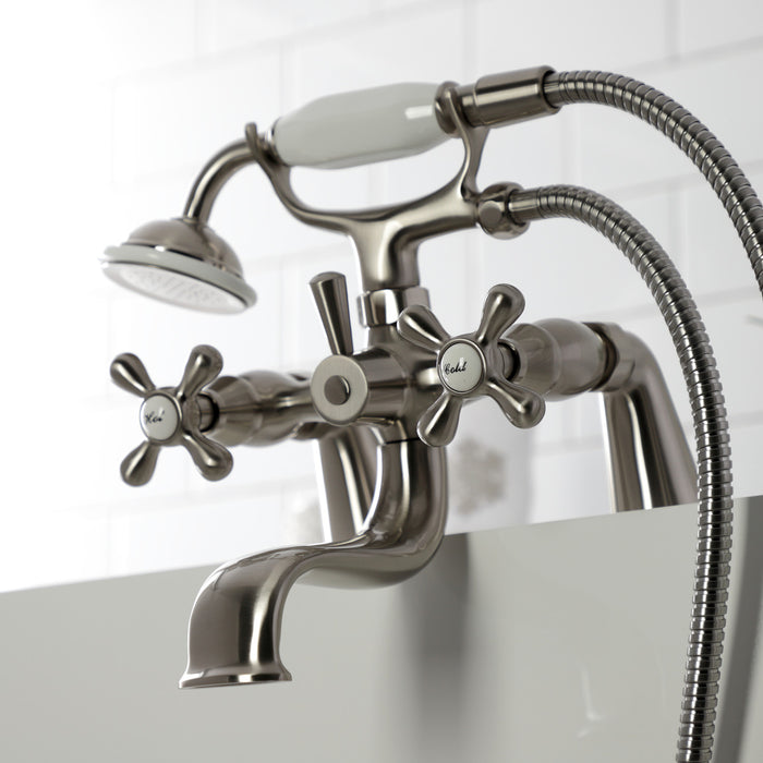 Kingston Heirloom KS227SN - Kingston Three-Handle 2-Hole Deck-Mount Clawfoot Tub Faucet with Hand Shower, Brushed Nickel