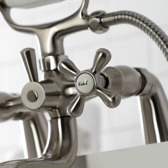 Kingston Heirloom KS227SN - Kingston Three-Handle 2-Hole Deck-Mount Clawfoot Tub Faucet with Hand Shower, Brushed Nickel