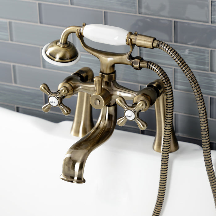 Kingston Heirloom KS228AB - Kingston Three-Handle 2-Hole Deck-Mount Clawfoot Tub Faucet with Hand Shower, Antique Brass