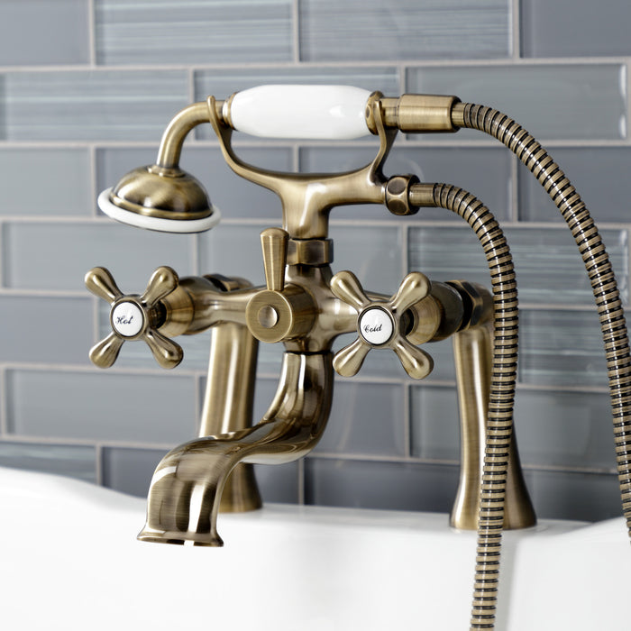Kingston Heirloom KS228AB - Kingston Three-Handle 2-Hole Deck-Mount Clawfoot Tub Faucet with Hand Shower, Antique Brass