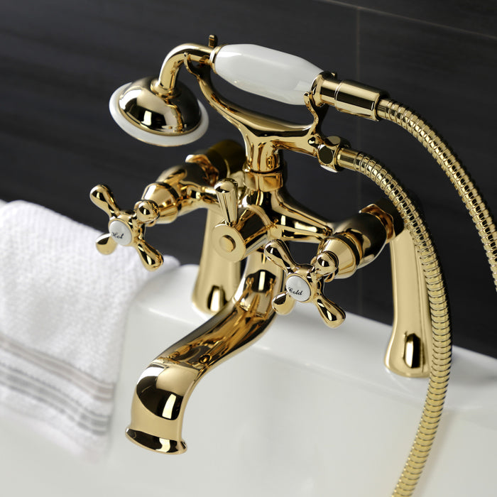 Kingston Heirloom KS228PB - Kingston Three-Handle 2-Hole Deck-Mount Clawfoot Tub Faucet with Hand Shower, Polished Brass