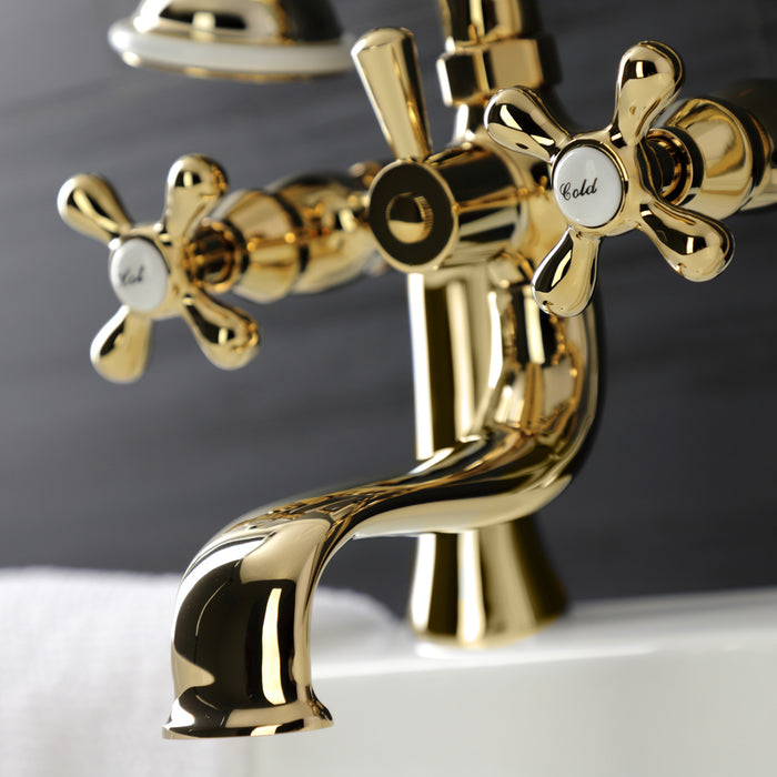 Kingston Heirloom KS228PB - Kingston Three-Handle 2-Hole Deck-Mount Clawfoot Tub Faucet with Hand Shower, Polished Brass