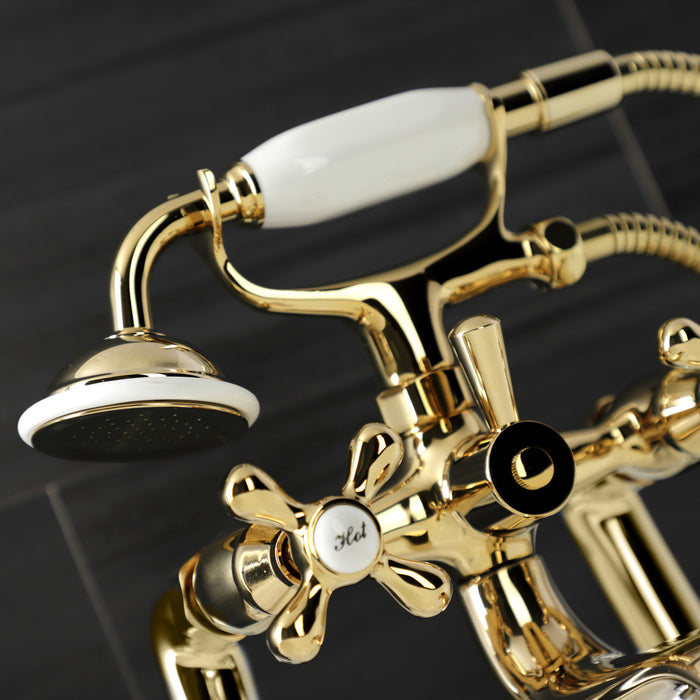 Kingston Heirloom KS228PB - Kingston Three-Handle 2-Hole Deck-Mount Clawfoot Tub Faucet with Hand Shower, Polished Brass
