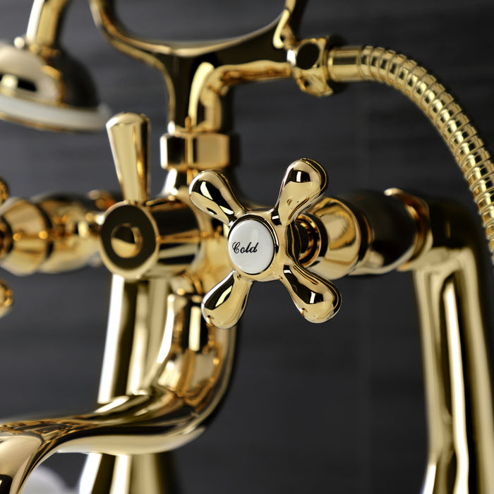 Kingston Heirloom KS228PB - Kingston Three-Handle 2-Hole Deck-Mount Clawfoot Tub Faucet with Hand Shower, Polished Brass