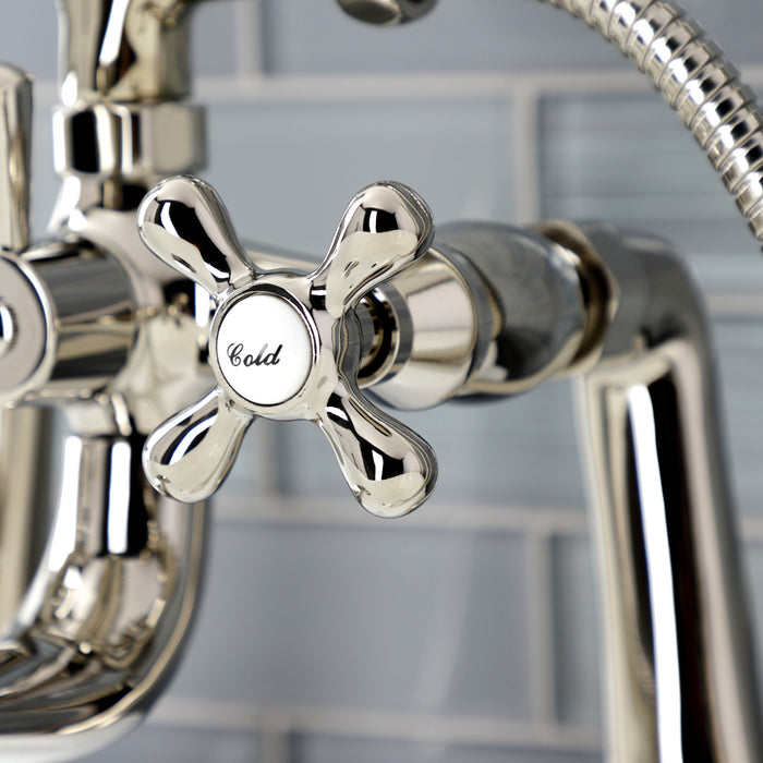 Kingston Heirloom KS228PN - Kingston Three-Handle 2-Hole Deck-Mount Clawfoot Tub Faucet with Hand Shower, Polished Nickel