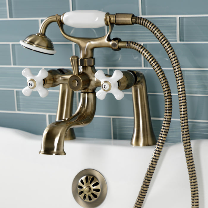 Kingston Heirloom KS228PXAB - Kingston Three-Handle 2-Hole Deck-Mount Clawfoot Tub Faucet with Hand Shower, Antique Brass