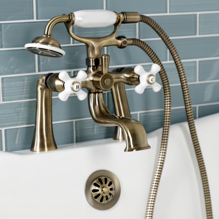Kingston Heirloom KS228PXAB - Kingston Three-Handle 2-Hole Deck-Mount Clawfoot Tub Faucet with Hand Shower, Antique Brass