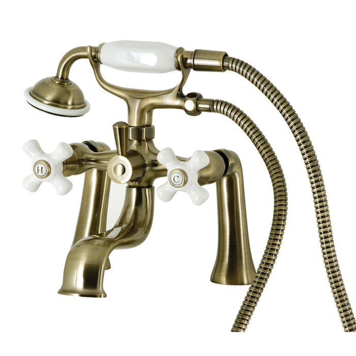Kingston Heirloom KS228PXAB - Kingston Three-Handle 2-Hole Deck-Mount Clawfoot Tub Faucet with Hand Shower, Antique Brass