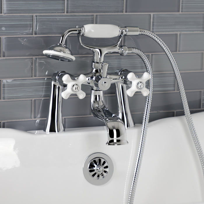 Kingston Heirloom KS228PXC - Kingston Three-Handle 2-Hole Deck-Mount Clawfoot Tub Faucet with Hand Shower, Polished Chrome