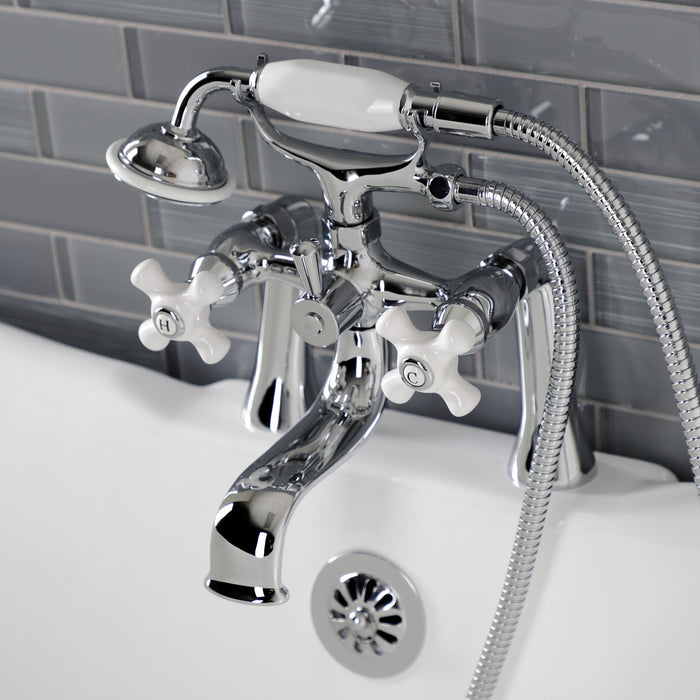 Kingston Heirloom KS228PXC - Kingston Three-Handle 2-Hole Deck-Mount Clawfoot Tub Faucet with Hand Shower, Polished Chrome
