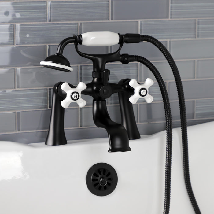 Kingston Heirloom KS228PXMB - Kingston Three-Handle 2-Hole Deck-Mount Clawfoot Tub Faucet with Hand Shower, Matte Black
