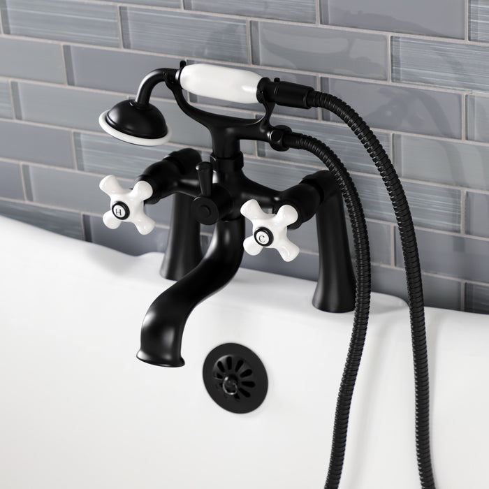 Kingston Heirloom KS228PXMB - Kingston Three-Handle 2-Hole Deck-Mount Clawfoot Tub Faucet with Hand Shower, Matte Black