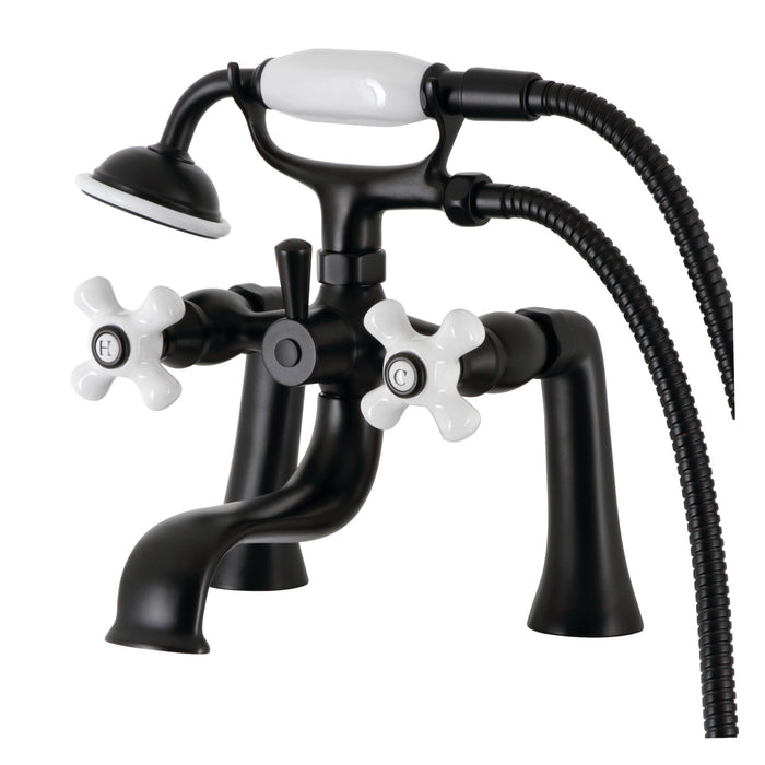 Kingston Heirloom KS228PXMB - Kingston Three-Handle 2-Hole Deck-Mount Clawfoot Tub Faucet with Hand Shower, Matte Black