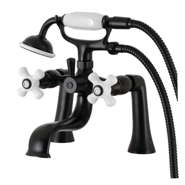 Kingston KS268PXMB Three-Handle 2-Hole Deck Mount Clawfoot Tub Faucet with Hand Shower, Matte Black