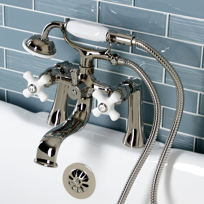 Kingston Heirloom KS228PXPN - Kingston Three-Handle 2-Hole Deck-Mount Clawfoot Tub Faucet with Hand Shower, Polished Nickel