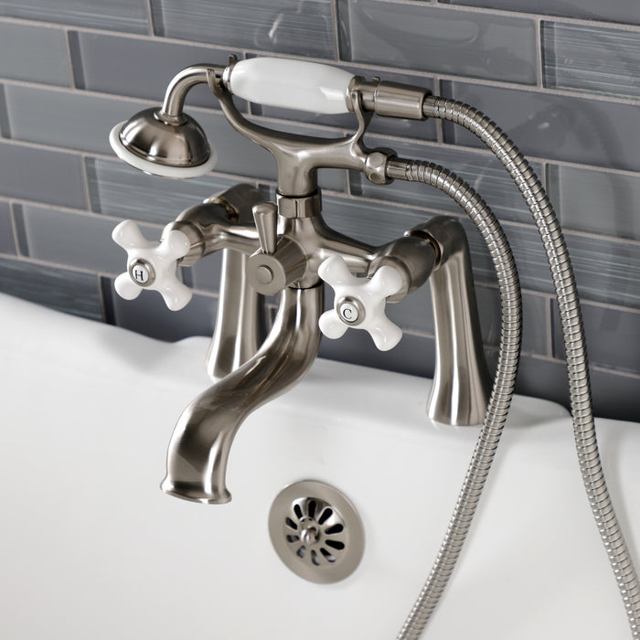 Kingston Heirloom KS228PXSN - Kingston Three-Handle 2-Hole Deck-Mount Clawfoot Tub Faucet with Hand Shower, Brushed Nickel