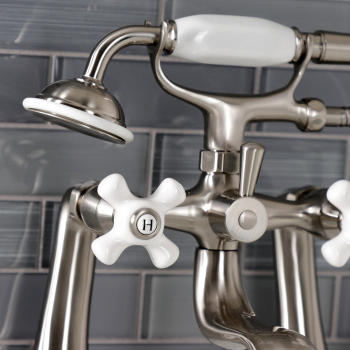 Kingston Heirloom KS228PXSN - Kingston Three-Handle 2-Hole Deck-Mount Clawfoot Tub Faucet with Hand Shower, Brushed Nickel