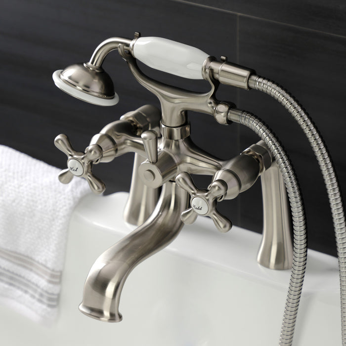 Kingston Heirloom KS228SN - Kingston Three-Handle 2-Hole Deck-Mount Clawfoot Tub Faucet with Hand Shower, Brushed Nickel