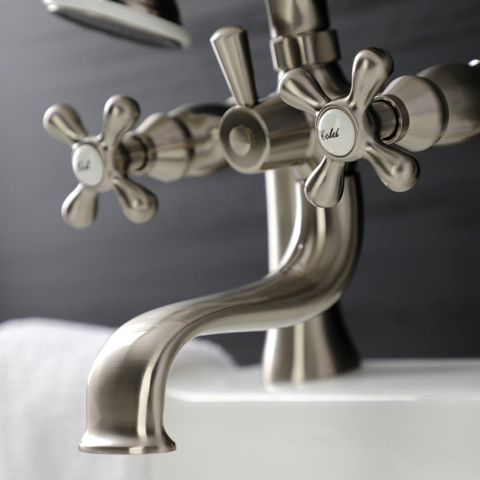 Kingston Heirloom KS228SN - Kingston Three-Handle 2-Hole Deck-Mount Clawfoot Tub Faucet with Hand Shower, Brushed Nickel