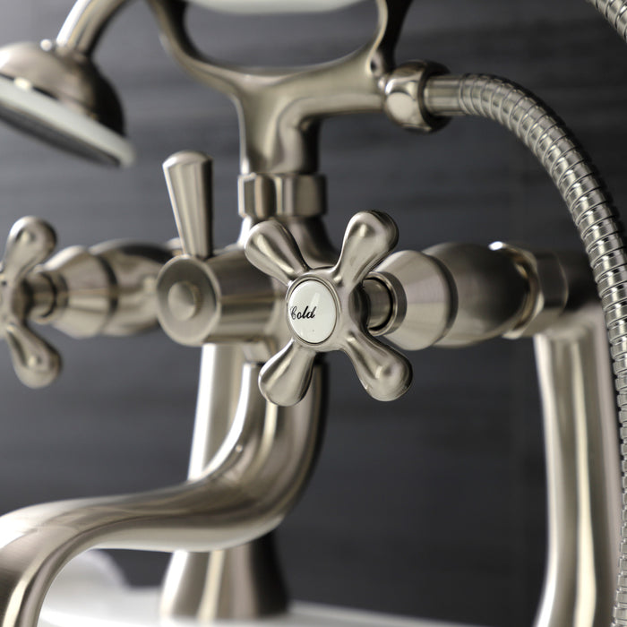 Kingston Heirloom KS228SN - Kingston Three-Handle 2-Hole Deck-Mount Clawfoot Tub Faucet with Hand Shower, Brushed Nickel
