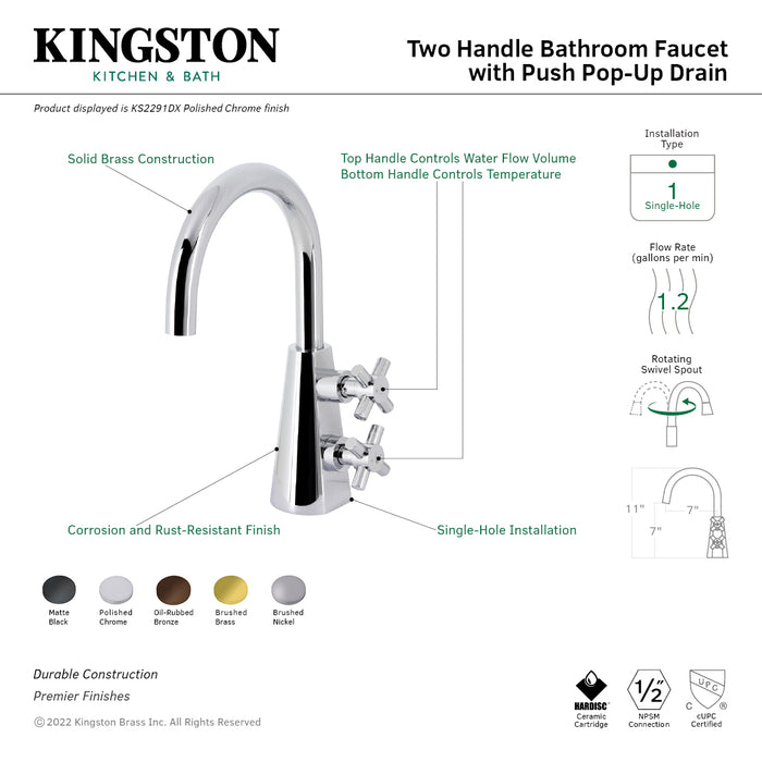 Kingston Sona KS2290DX - Constantine Two-Handle 1-Hole Bathroom Faucet with Push Pop-Up Drain, Matte Black