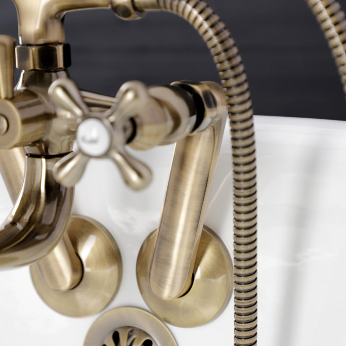 Kingston Heirloom KS229AB - Kingston Three-Handle 2-Hole Tub Wall Mount Clawfoot Tub Faucet with Handshower, Antique Brass