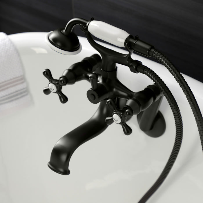 Kingston Heirloom KS229MB - Kingston Three-Handle 2-Hole Tub Wall Mount Clawfoot Tub Faucet with Handshower, Matte Black