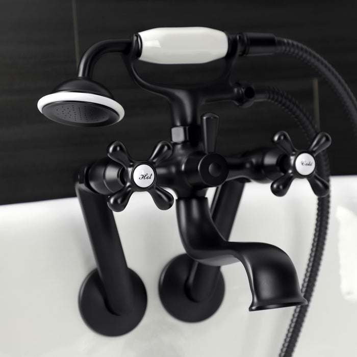 Kingston Heirloom KS229MB - Kingston Three-Handle 2-Hole Tub Wall Mount Clawfoot Tub Faucet with Handshower, Matte Black